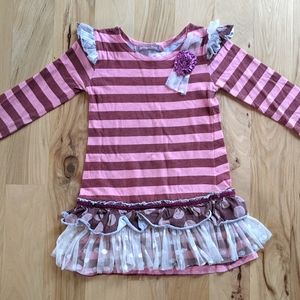 Jelly the Pug 🐶 Size 5 Pink and Maroon Striped Dress with Lace and Flower Trim